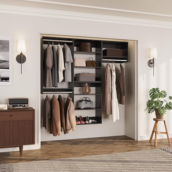 ROOMTEC Modular Closet System, 84" Wall-Mounted Closet Organizer with Hanging Rods, Modern Wooden Tower for Walk-In Closets, Wardrobe Storage Kit, Black