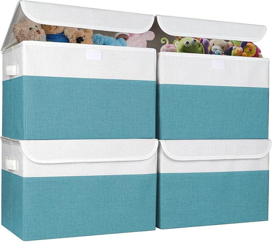 Bagnizer Large 22 Quart Linen Fabric Foldable Storage Bin Cube Organizer Basket with Flip-Top Lid & Handles, Clothes Blanket Box for Home, Office, Closet, Teal & White, 4 Pack 14.6 x 9.5 x 9.5