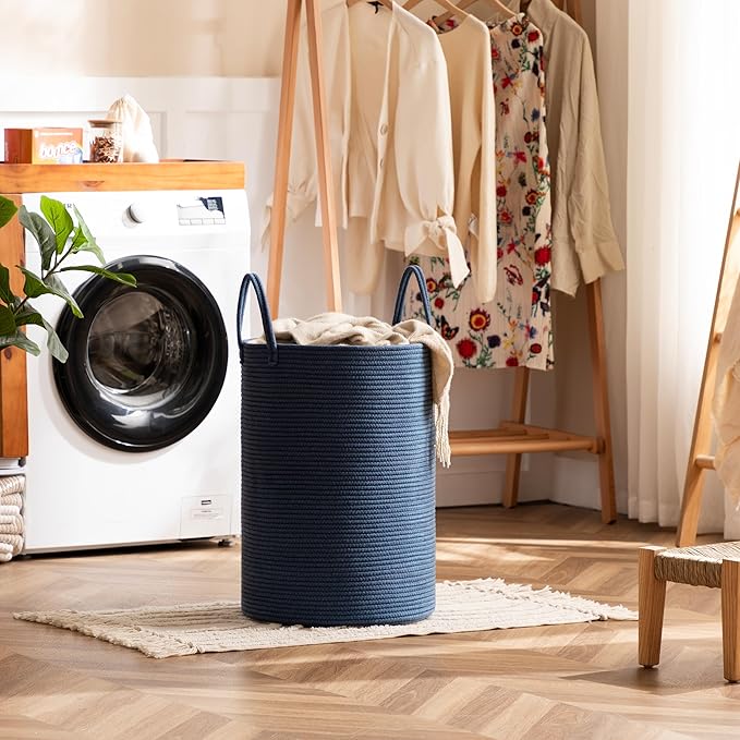 Laundry Basket, 100L Woven Laundry Hamper, Baby Nursery Hamper for Toys, Blanket Basket for Living Room, Clothes Hamper for Bedroom&Baby Room, Blue