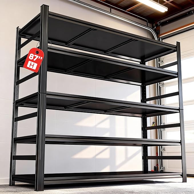 48''W/87''H Storage Shelves Heavy Duty Adjustable Metal Garage Shelving Unit Rack Metal Storage Shelf Heavy Duty Shelf for Heavy Tools and Equipment, Ideal for Garage, Basement, Black