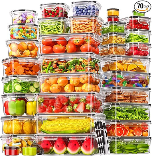 70 PCS Food Storage Containers with Lids Airtight (35 Containers & 35 Lids), 100% Leak Proof Meal Prep Container for Kitchen, BPA-Free Plastic(Polypropylene5), Microwave/Dishwasher Safe, Labels & Pen