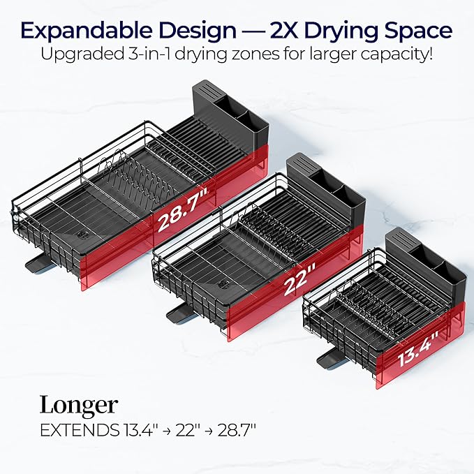 Large Dish Drying Rack, Expandable Dish Rack for Kitchen Counter, Dish Drainer with Drainboard Set, Multifunctional Dishrack with Utensil & Cup Holder, 13.4"-28.7" L x 11.8" W x 7.4" H, Black