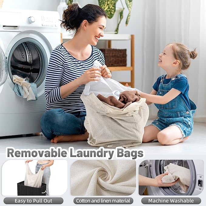 Aliphon 150L Laundry Hamper with lid, 3-Section Clothes Laundry Basket with Handles, Large Collapsible Bamboo Baskets for Bedroom, Bathroom, Dorm, Ink Black