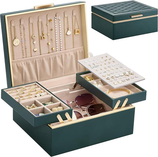 Lolalet Jewelry Box Organizer for Women Girls, 2 Layer Jewelry Organizers and Storage for Necklace Earrings Rings Bracelets, Large Jewellery Holder Case Birthday Mothers Day Gifts -DarkEmerald