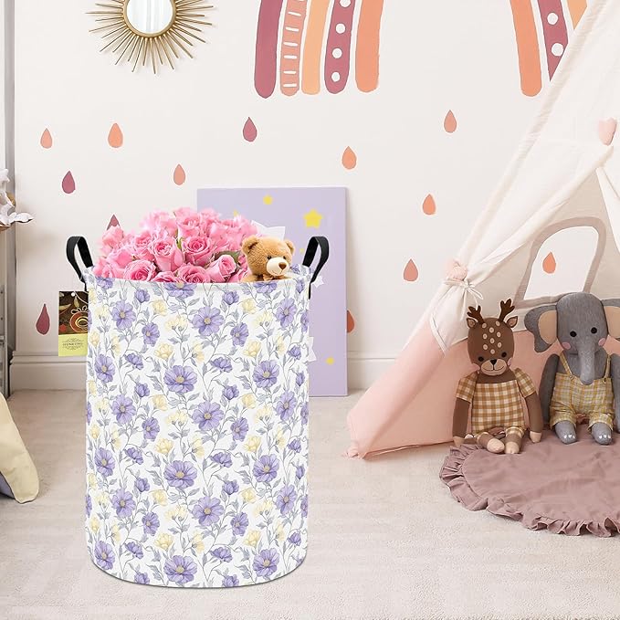 HUNRUNG Collapsible Fabric Storage Basket, Waterproof Laundry Hamper with Handles, Round Storage Bin for Clothes Toys, Foldable Organizer for Bedroom Nursery Bathroom(Round-Purple Flowers)