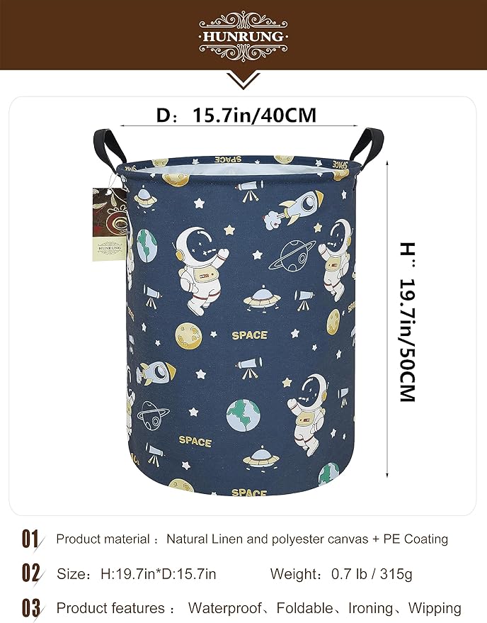 HUNRUNG Collapsible Fabric Storage Basket, Waterproof Laundry Hamper with Handles, Round Storage Bin for Clothes Toys, Foldable Organizer for Bedroom Nursery Bathroom(Round-Blue Space Astronaut)