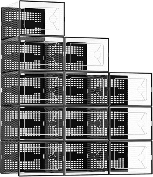 DUMOS Shoe Storage Boxes, 12-Pack Stackable Clear Shoe Containers with Lids, Display Sneaker Case Organizer for Closet, Under Bed, Entryway,Black (Fit Size 9)