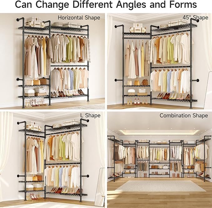 ONBRILL H2 Plus Expandable Wall Mounted Closet System, 3.8FT-5.1FT Closet Organizer with Telescopic Shelves & Adjustable Rods, Industrial Pipe Clothing Rack for Walk-in & Reach-in Closet (Black)