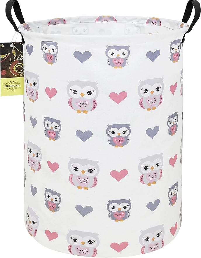 HUNRUNG Collapsible Fabric Storage Basket, Waterproof Laundry Hamper with Handles, Round Storage Bin for Clothes Toys, Foldable Organizer for Bedroom Nursery Bathroom(Round-Love Owl)