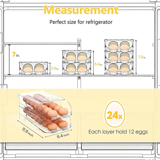 SMRCAD Egg Holder for Fridge, Automatic Steady Rolling Egg Container with Soft Bumpers & Handle for Refrigerator, Stackable Fridge Organizers and Storage with Lid