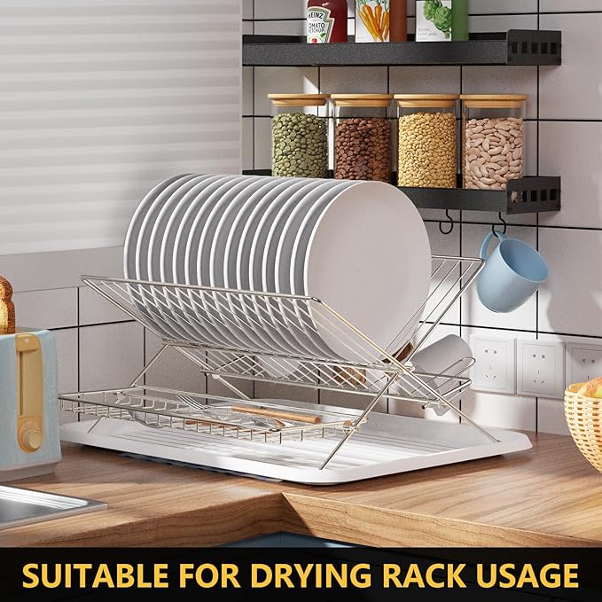 Collapsible Dish Drying Rack Space Saving Foldable Drying Rack Dishes,Stainless Steel(304) Dish Racks for Kitchen Counter,Campact Kitchen Metal 2-Tier Large