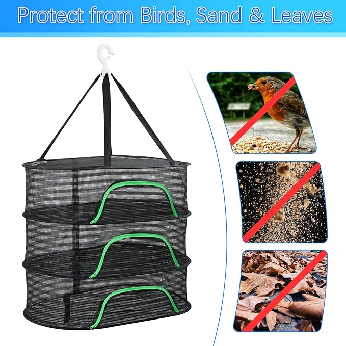 Hanging Drying Rack, Foldable Mesh Drying Net 3 Layers Hanging Dry Basket with Zipper Air Breathable Hang Rack Fish Net for Indoor Outdoor Garden Flower Plants Seeds Fish