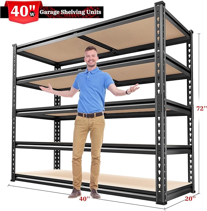 REIBII Garage Shelving 72''H Storage Shelves,Metal Shelving 5 Tier Shelves Adjustable Pantry Shelf for Closet Pantry Basement Kitchen Warehouse 72" H x 40" W x 20" D,2500LBS