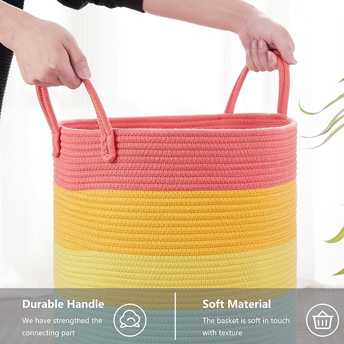Rainbow 15"Dx20"H Baby Girls Kids Laundry Hamper Basket for Nursery Toddler Clothes Blanket Toy Storage Woven Rope Unicorn Hamper in Playroom Bedroom 60L Large