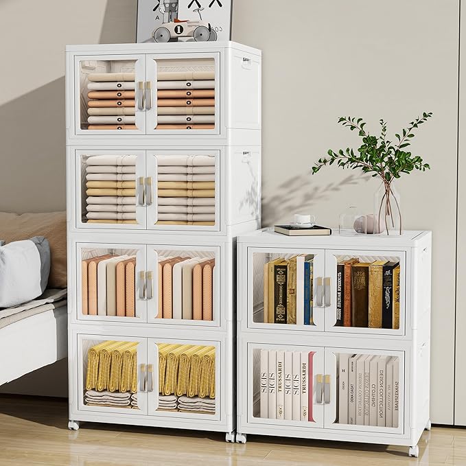 UAMFURI Stackable Storage Bins with Doors & Lids & Wheels, Foldable Collapsible Closet Organizers, Large Storage Cabinet for Bedroom Dorm (2, L)