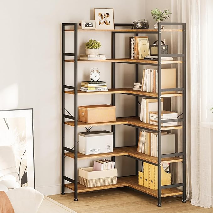 Casaottima Corner Bookshelf 6 Tier, 64 Inches Reversible Book Shelf for Living Room, Industrial Wooden Bookcase with Open Shelves and Metal Frame for Bedroom, Home Office, Kitchen, Vintage