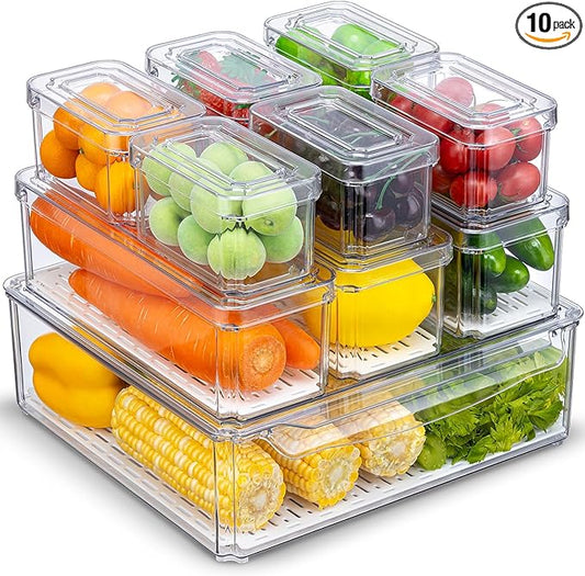 KUMD 10-Pack Clear Fridge Organizer Bins with Lids, Stackable Refrigerator Storage Containers, BPA-Free with Drain Tray & Anti-Slip Base for Fruits, Veggies, Drinks