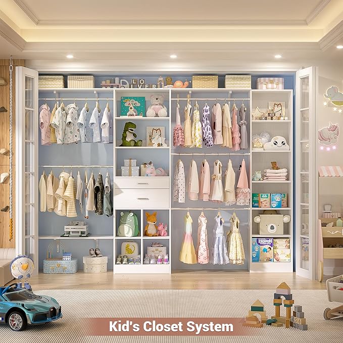 Besiost Closet System - 9.4FT/112" Closet Organizer System with Wooden Drawers,Closet Systems for Walk-In Closets with Hang Rods and Open Cabinet
