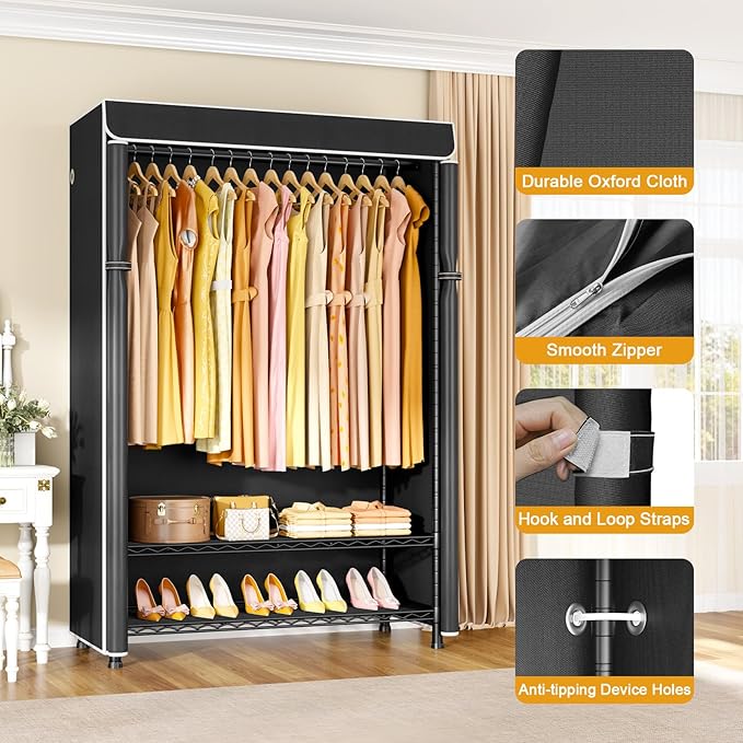 ULIFHOME H5C Plus Clothes Rack with Cover, Portable Closet for Hanging Clothes, Covered Clothing Racks Heavy Duty, 3-Tiers Garment Rack with Shelves Max Load 370LBS Black Closet Rack with Black Cover