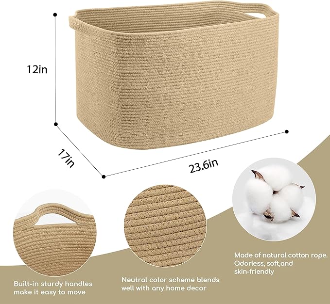 MEGASKET Large Jute Rectangle Rope Basket, 23.6" x 17" x 12" Blanket Storage for Living Room, Pool Towel Basket, Woven Baby Floor Laundry Hamper for Clothes, Toy Storage Bin, Bathroom Towel Storage