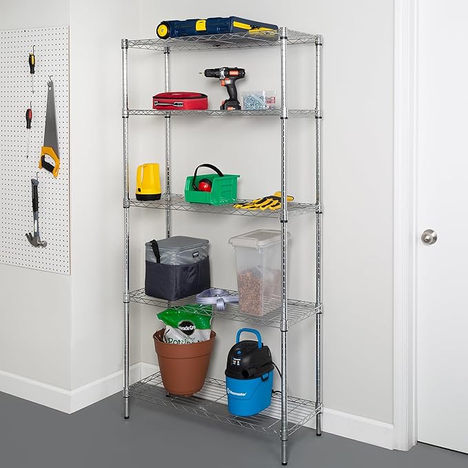 Honey-Can-Do 5-Tier Heavy Duty Adjustable Shelves, Metal Storage Rack with 200-lb Shelf Capacity, Chrome, 14" W x 36" L x 72" H