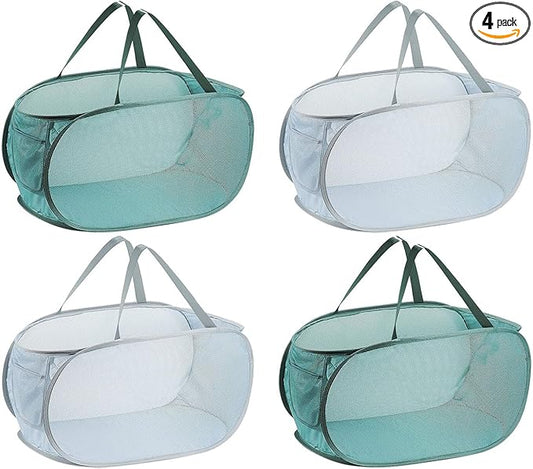 4PCS Mesh Laundry Hamper,Collapsible Laundry Baskets,75L Large Foldable Dirty Laundry Clothes Hamper Storage Basket Horizontal with Side Pocket&carry Handle for Home Travel, 2PCS Grey & 2PCS Emerald