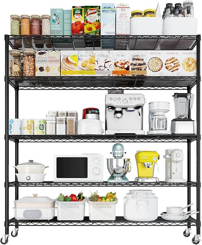 5 Tier Storage Racks Shelving, Heavy Steel Pantry Shelves, Adjustable Wire Shelving Rack with Wheels, Suitable for Garage, Kitchen, Bathroom, Office, 35" W x 14" D x 65" H, Black