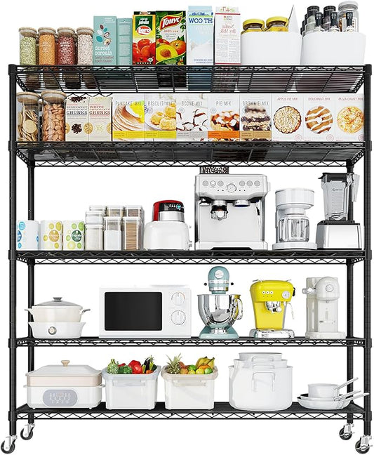 5 Tier Storage Racks Shelving, Heavy Steel Pantry Shelves, Adjustable Wire Shelving Rack with Wheels, Suitable for Garage, Kitchen, Bathroom, Office, 35" W x 14" D x 65" H, Black