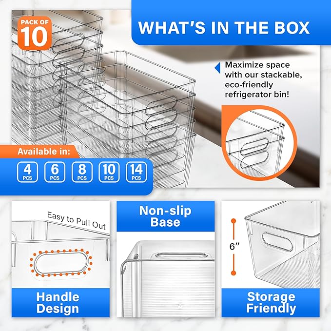 Lifemaster Multi-purpose Refrigerator Bins - 10 pieces Large Capacity Stackable Fridge Bin Organizer with Easy Grip Handles - Clear