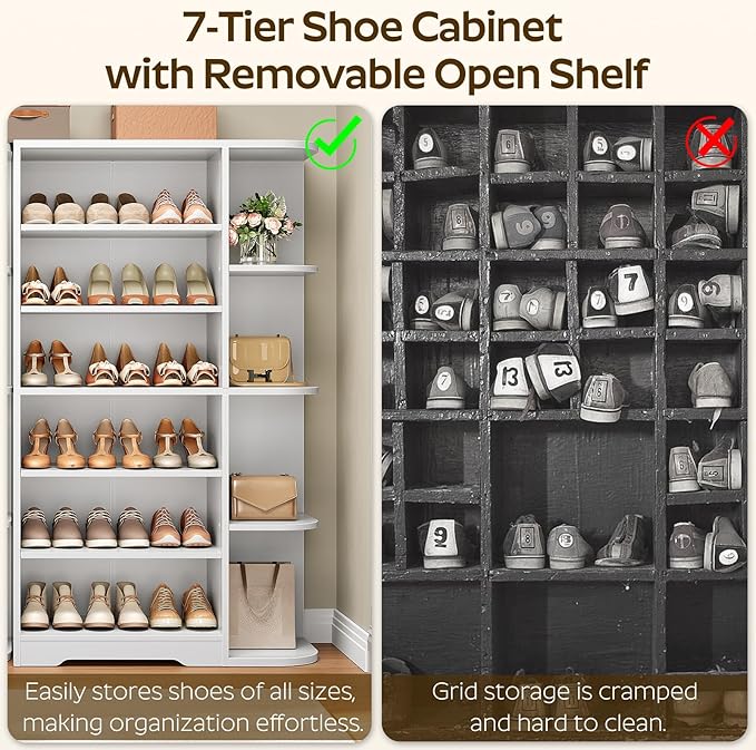 YATINEY Tall Shoe Rack, Multifunctional Shoe Cabinet with Open Storage, Entryway Shoe Organizer for Closet, 7-Tier Wooden Shoe Storage Closet with Adjustable Shelves, White SC02WT