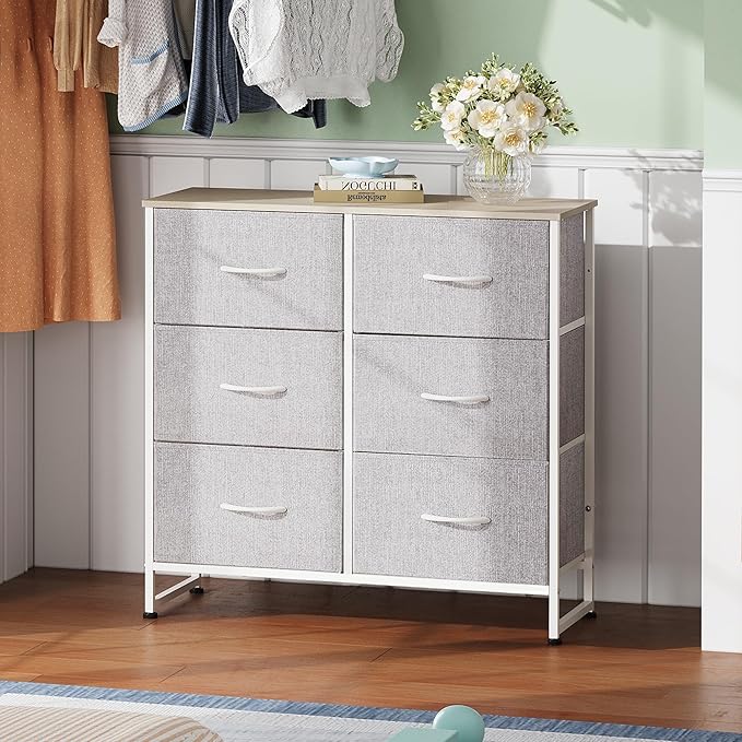 WLIVE Fabric Dresser for Bedroom, 6 Drawer Double Dresser, Closet Dresser with Fabric Bins, Chest of Drawers for Closet, Living Room, Hallway, Light Grey