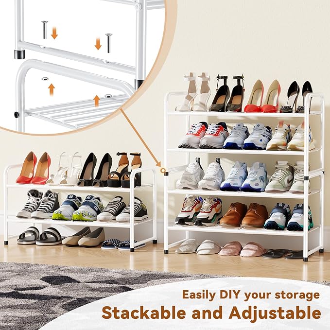 Shoe Rack for Closet, 2 Tier Heavy Duty Metal Shoe Shelf for Entryway, Stackable, White