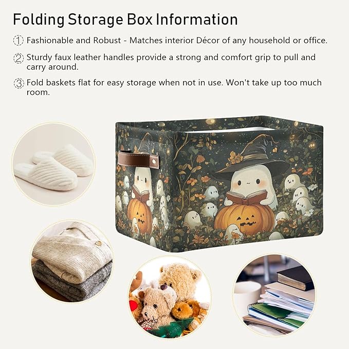 xigua Cute Ghost Wearing Witch Hat Storage Basket Foldable Storage Bin, Canvas Rectangular Storage Basket with Leather Handles for Home Closet & Office Decoration