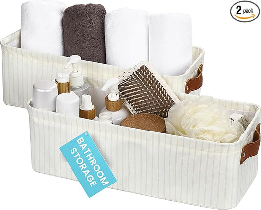 OrganiHaus Narrow Fabric Storage Baskets 2 Pack, Narrow Storage Bins for Shelves, Closet Storage Bins for Pantry Entryway, Cloth Canvas Basket, White/Brown