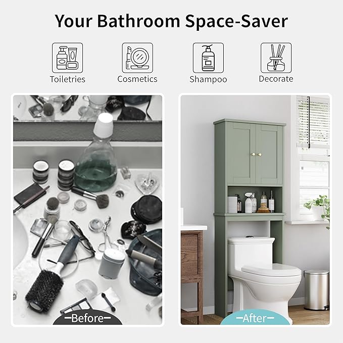 Shintenchi Over the Toilet Storage Cabinet, Bathroom Shelf Organizer with Anti-Tip Device Small Freestanding Space Saver with Adjustable Shelf，Green