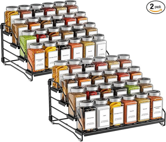 BOIVSHI 4 Tier Spice Rack Organzier, Spice Rack for Cabinet, Adjustable Depth Seasoning Shelf for Countertop, Pantry, Seasoning Organizer, Metal, Black (2 Pack)