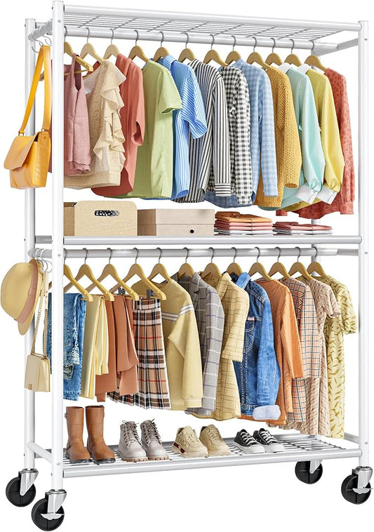 Sakugi Clothes Rack - Double Hanging Rod Clothing Rack with Wheels & Leveling Feet, Large Capacity Wardrobe Closet with Shelves for Bedroom, Laundry Room, Entryway, 45.2" x 12.6" x 80.7", White