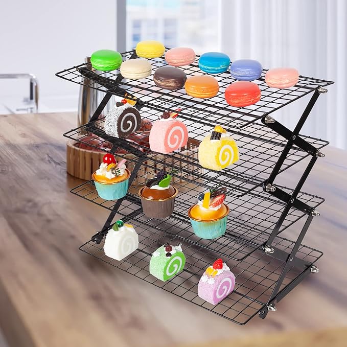 PowerKing Upgraded Collapsible 4-Tier Cooling Rack, Adjustable Stackable Non-Stick Wire Rack for Baking, Roasting, Drying, Cookies, Cakes, Muffins, Space-Saving, Gifts for Baking Enthusiasts