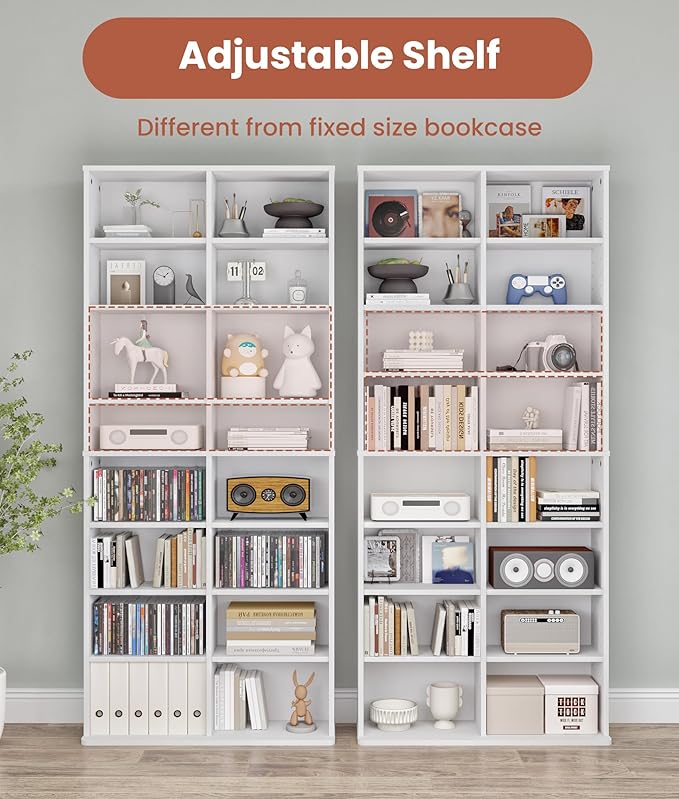DVD Tower Storage Rack, 16-Shelf Media Storage Shelves with Adjustable Shelves 8-Tier DVD Stand Tower for Living Room Home Office