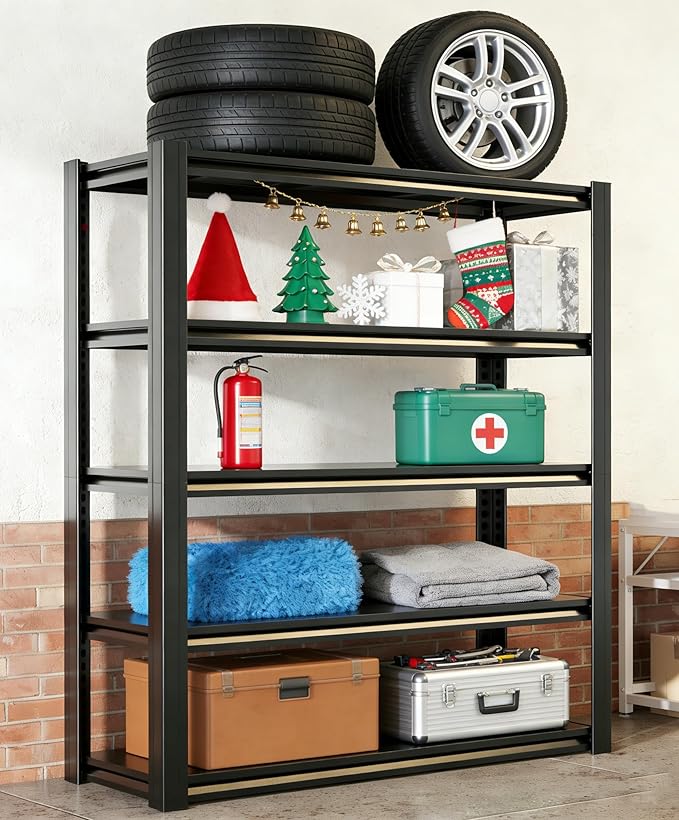 46"W Garage Shelving Metal Garage Shelf Unit 5 Tier Storage Shelves Heavy Duty Shelf Organizer Industrial Shelves for Warehouse Basement Kitchen Pantry, with Fencing, Black, 20" D x 46'' W x 63'' H