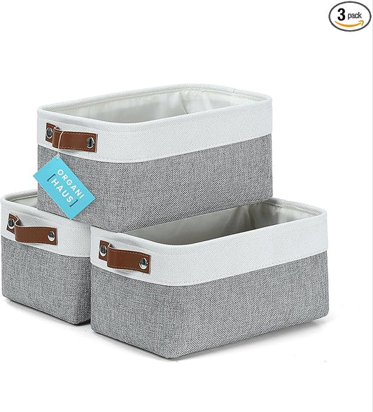 OrganiHaus Small Fabric Storage Baskets 3 Pack, 12x8in Cloth Storage Bins for Shelves, Small Baskets for Organizing Pantry Closet, Canvas Shelf Baskets, Gray/Off-White