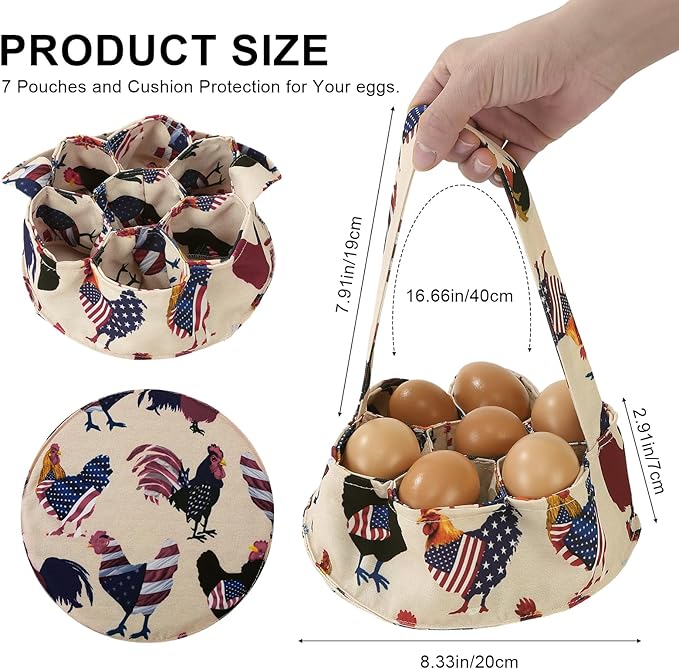 Egg Collecting Basket, Canvas Egg Basket for Gathering with 7 Pouches for Chicken, Duck, Goose, Bird, Various Poultry Collection (Flag Chicken)