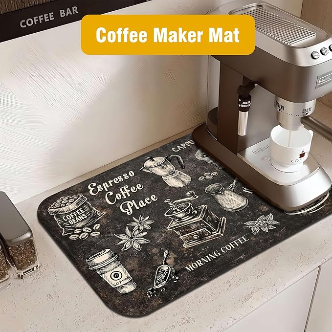 Vintage Coffee Blueprint Coffee Bar Mat 12" x 19", Absorbent Quick-Dry Coffee Drying Mat, Non-Slip Waterproof Countertop Protector for Coffee Station, Espresso Machine