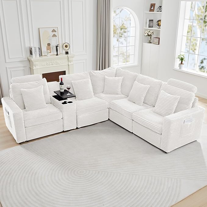 LEVNARY Modular Lift-Top Console with USB Charging and Cup Holders, Center Storage Module for Modular Reclining Sofa (White)