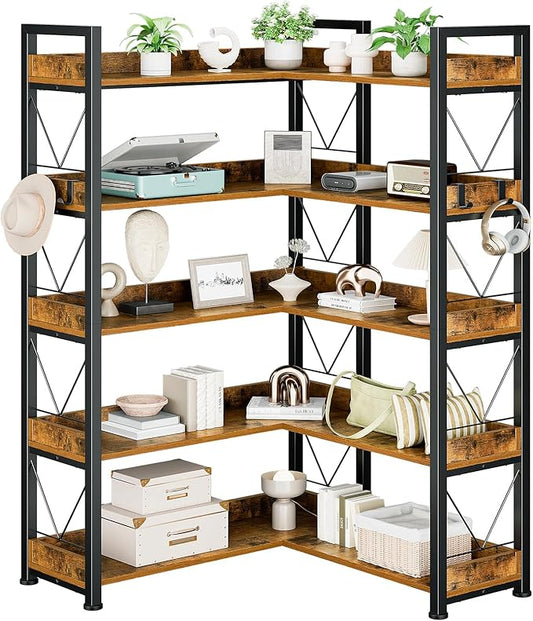 DUMOS 65 inch L Shaped Bookshelf, 5 Tier Corner Bookcase with Hooks and Edge, Industrial Pantry Shelves with Metal Frame, Wooden Open Storage for Living Room, Home Office, Bedroom, Rustic Brown