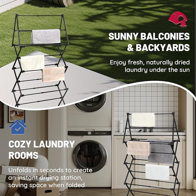 ZOES HOMEWARE 4 Tier Clothes Drying Rack Foldable | Foldable Clothing Drying Rack | Laundry Drying Rack Collapsible for Laundry Room, Dorm, Expandable Sturdy Metal Design | Black 29"L x 11.5"W x 53"H