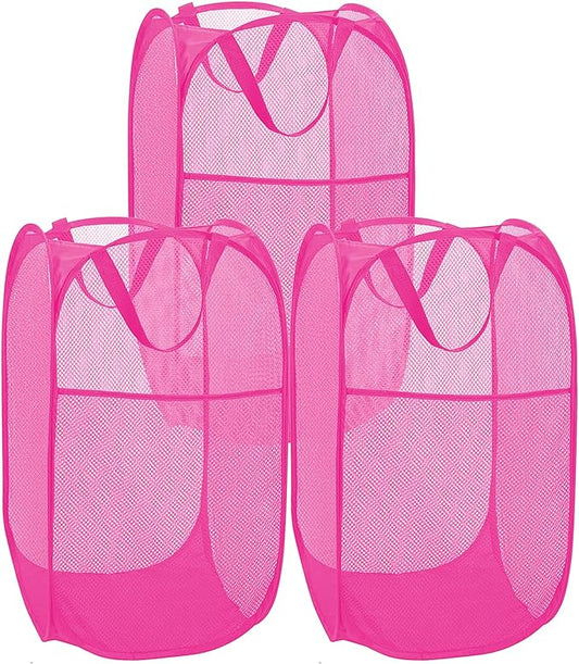 BATTOO Deluxe Strong Mesh Pop up Laundry Hamper Basket with Side Pocket for Laundry Room, Bathroom, Kids Room, College Dorm or Travel 3 Pack Blush