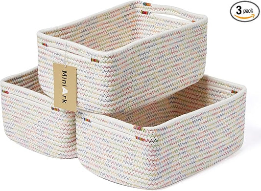 MiniArk Small Storage Baskets for Organizing | Closet Organizer Bins | Shelf Toy Basket | Woven Rope Baskets | Cube Decorative Box | Shallow Basket | 13x8.5x5.1” | 3 Packs Rainbow