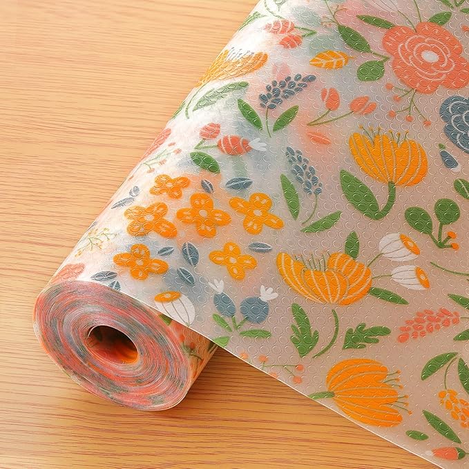 INNOLITES Shelf Liner for Kitchen Cabinets, Non-Adhesive Drawer Liner, Waterproof Washable EVA Floral Pattern, Protect Dresser Cupboard Refrigerator Shelves (Blue Orange Pink, 17.5" x 360")