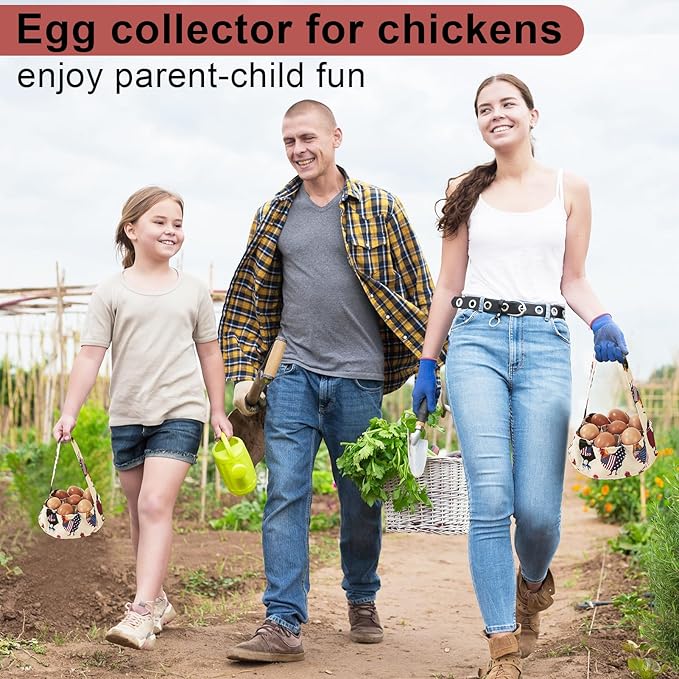 Egg Collecting Basket, Canvas Egg Basket for Gathering with 7 Pouches for Chicken, Duck, Goose, Bird, Various Poultry Collection (Flag Chicken)